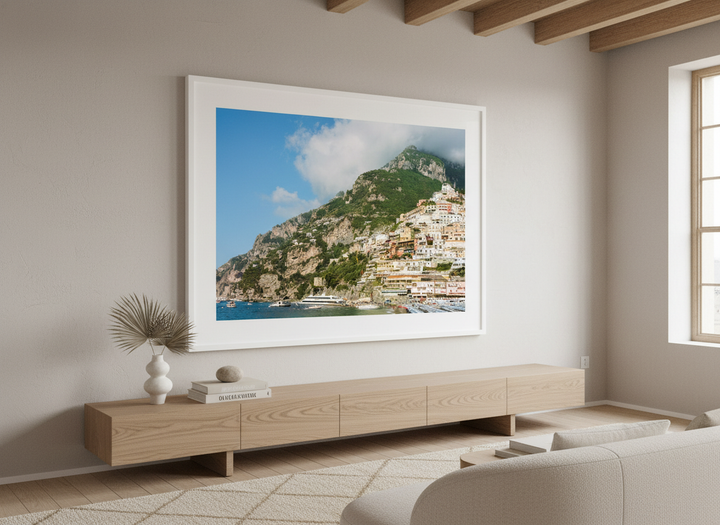 Monumental artwork centred on a feature wall in a luxe interior