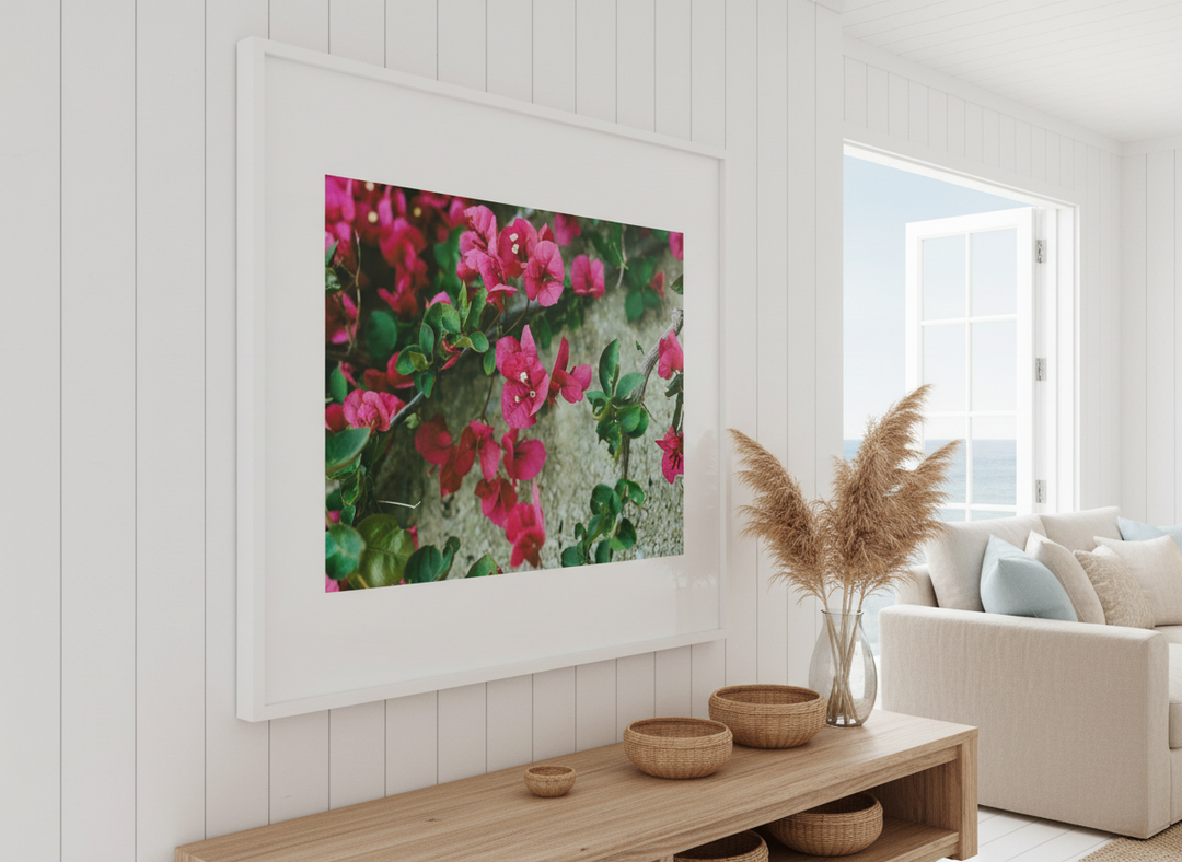 Neutral wall art displayed in a sunny coastal beach house