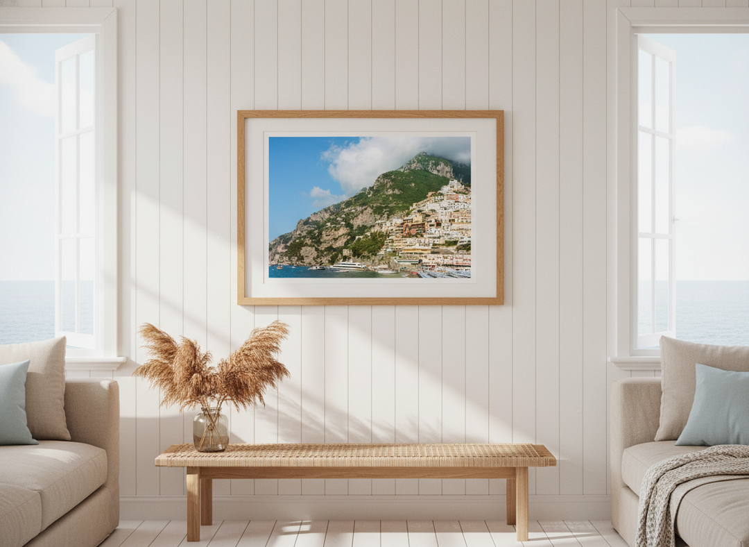 Neutral wall art displayed in a sunny coastal beach house