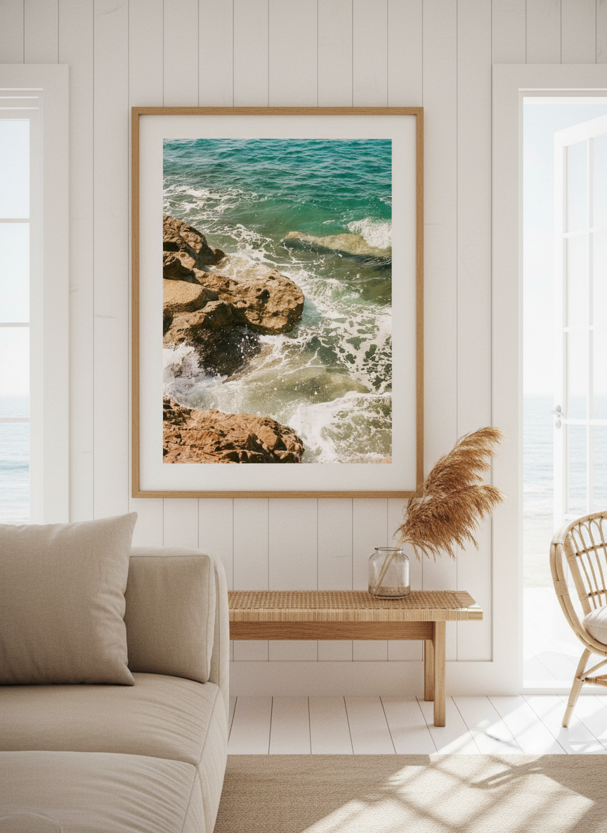 Neutral wall art displayed in a sunny coastal beach house