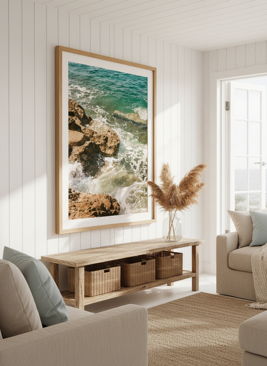 Neutral wall art displayed in a sunny coastal beach house