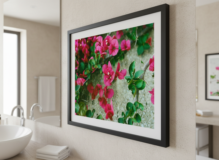 Modern print displayed in a clean minimalist bathroom setting