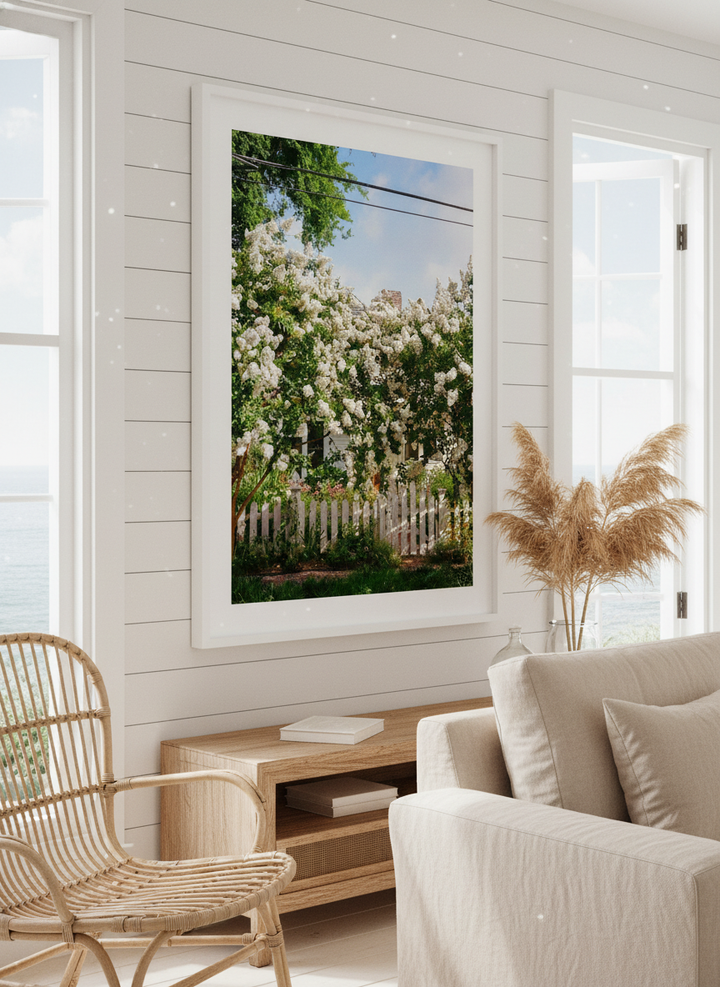 Neutral wall art displayed in a sunny coastal beach house