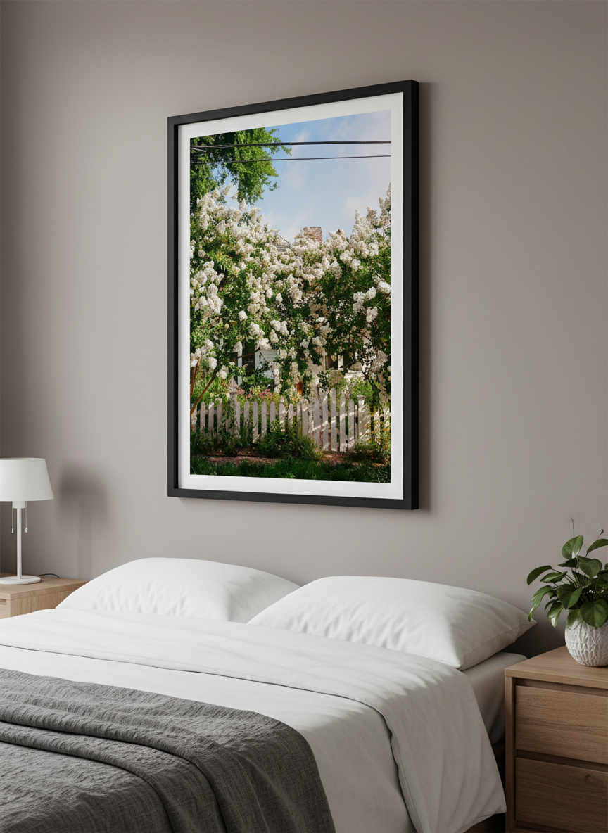 Minimalist artwork displayed in a calm, light-filled bedroom interior