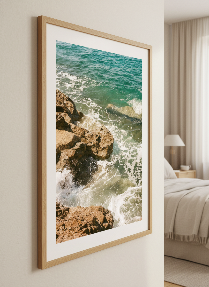 Minimalist artwork displayed in a calm, light-filled bedroom interior