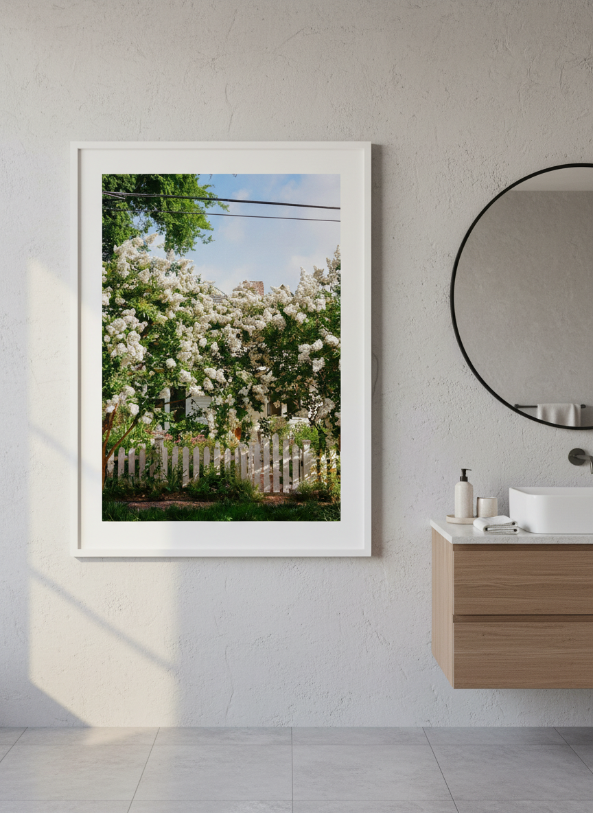 Modern print displayed in a clean minimalist bathroom setting