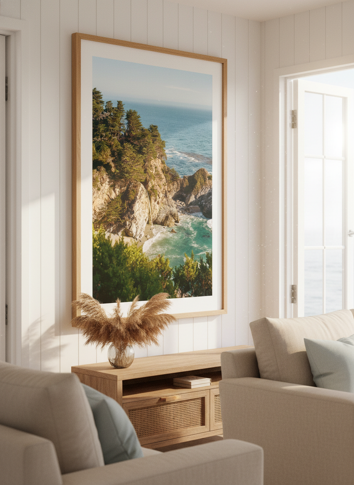 Neutral wall art displayed in a sunny coastal beach house