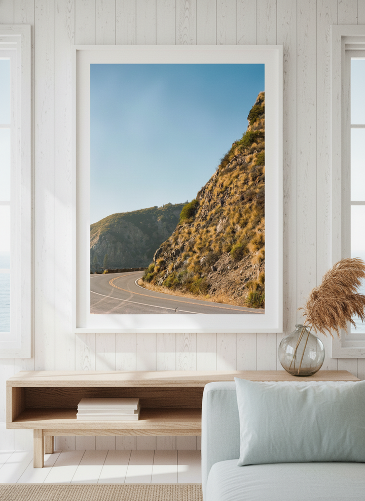 Neutral wall art displayed in a sunny coastal beach house