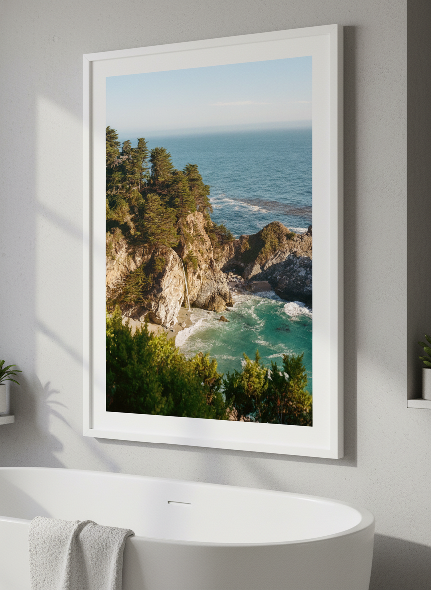 Modern print displayed in a clean minimalist bathroom setting
