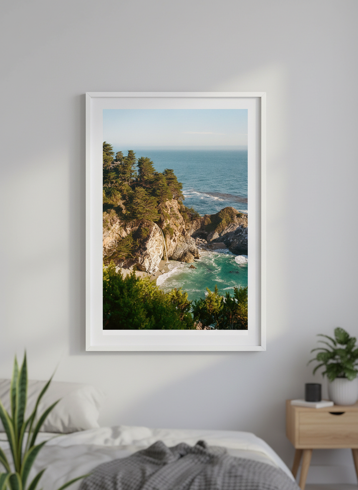 Minimalist artwork displayed in a calm, light-filled bedroom interior