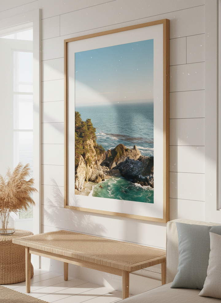 Neutral wall art displayed in a sunny coastal beach house