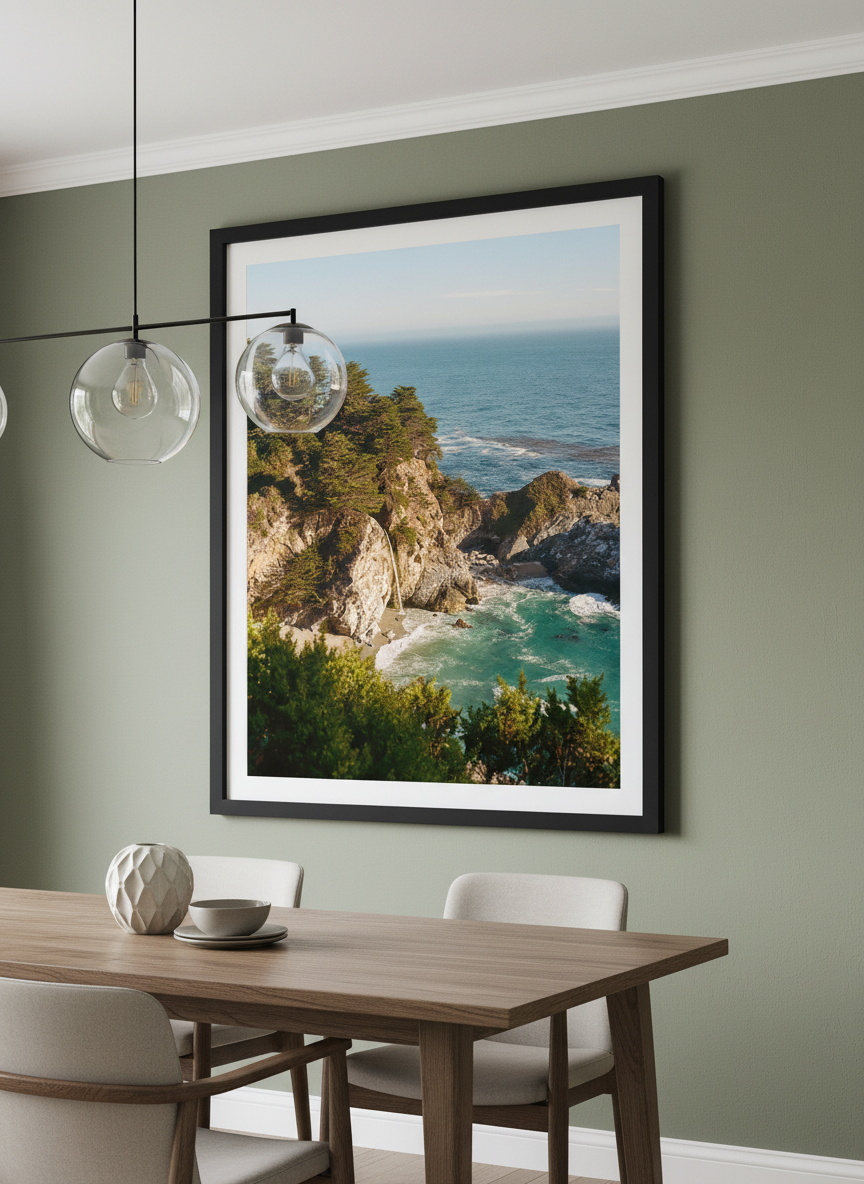Wall art styled above a dining table in a contemporary home