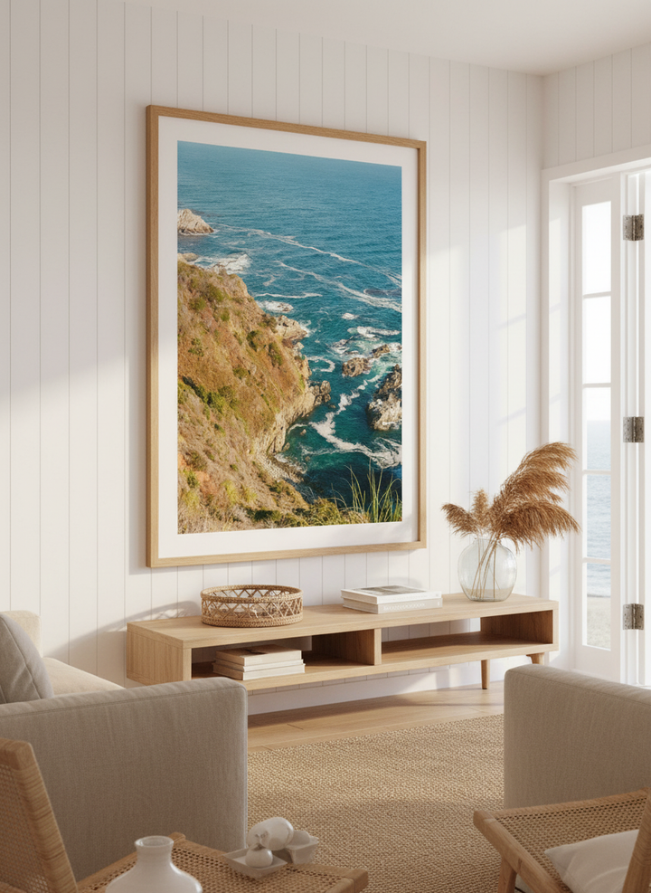 Neutral wall art displayed in a sunny coastal beach house