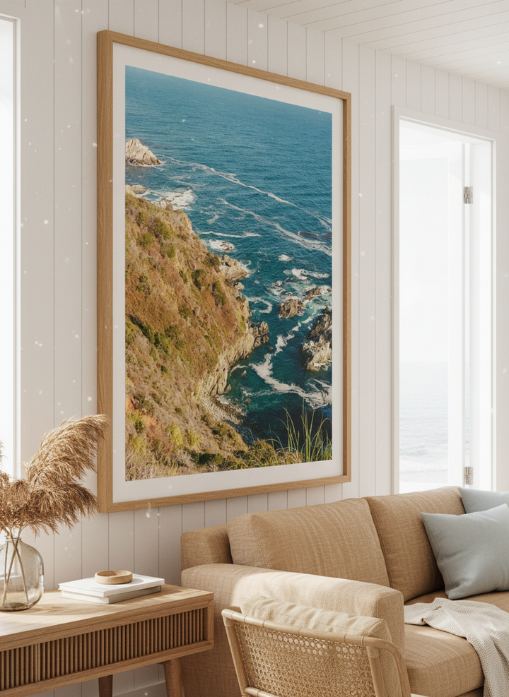Neutral wall art displayed in a sunny coastal beach house