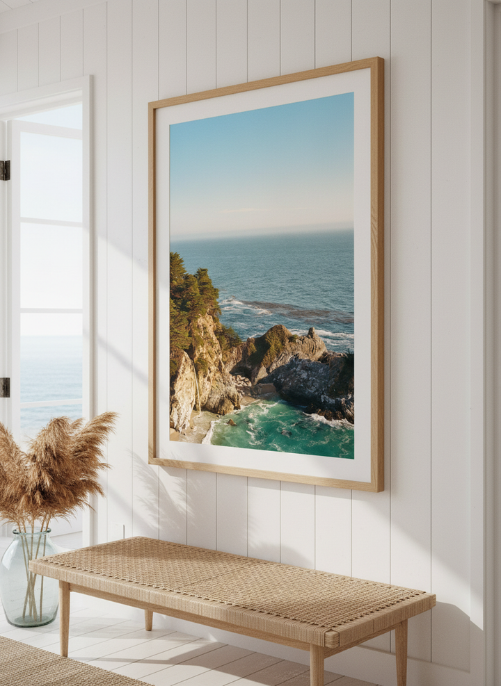 Neutral wall art displayed in a sunny coastal beach house