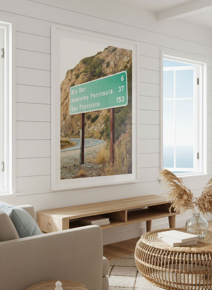 Neutral wall art displayed in a sunny coastal beach house