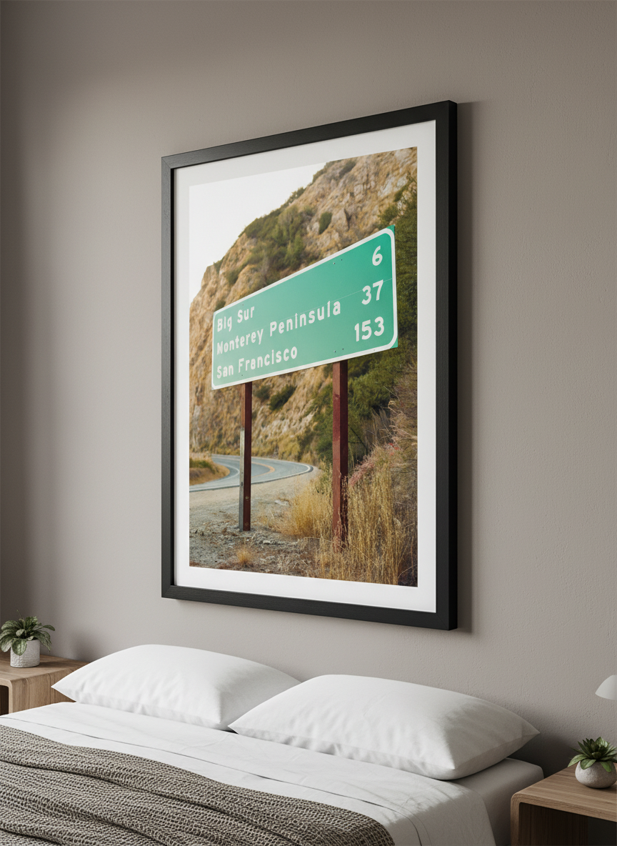 Minimalist artwork displayed in a calm, light-filled bedroom interior
