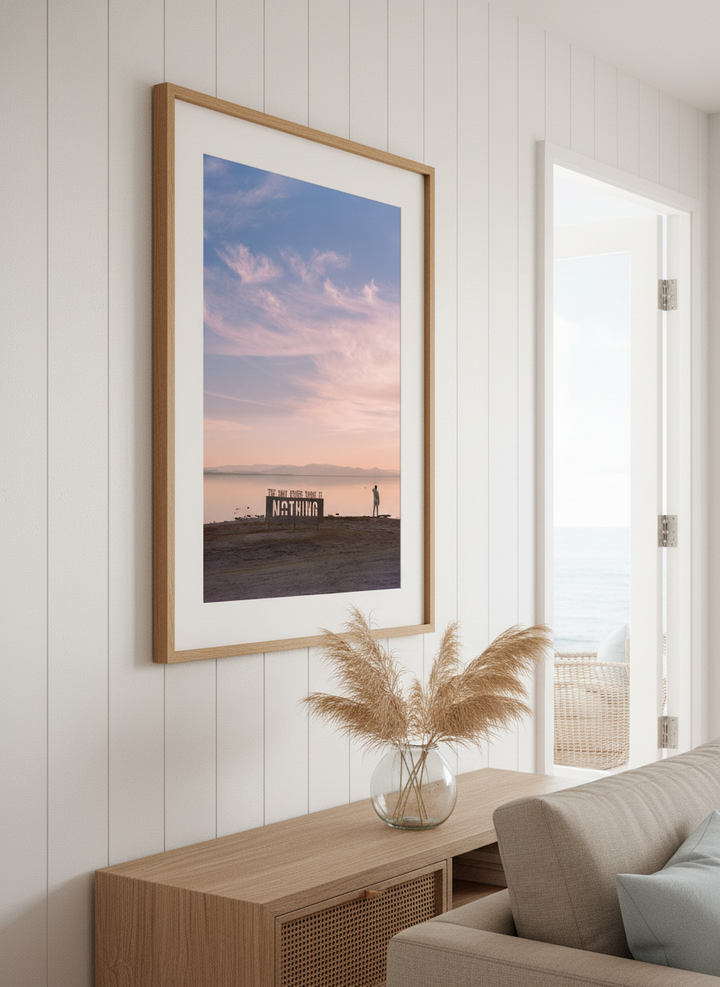 Neutral wall art displayed in a sunny coastal beach house