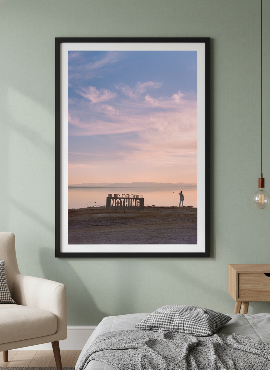 Minimalist artwork displayed in a calm, light-filled bedroom interior