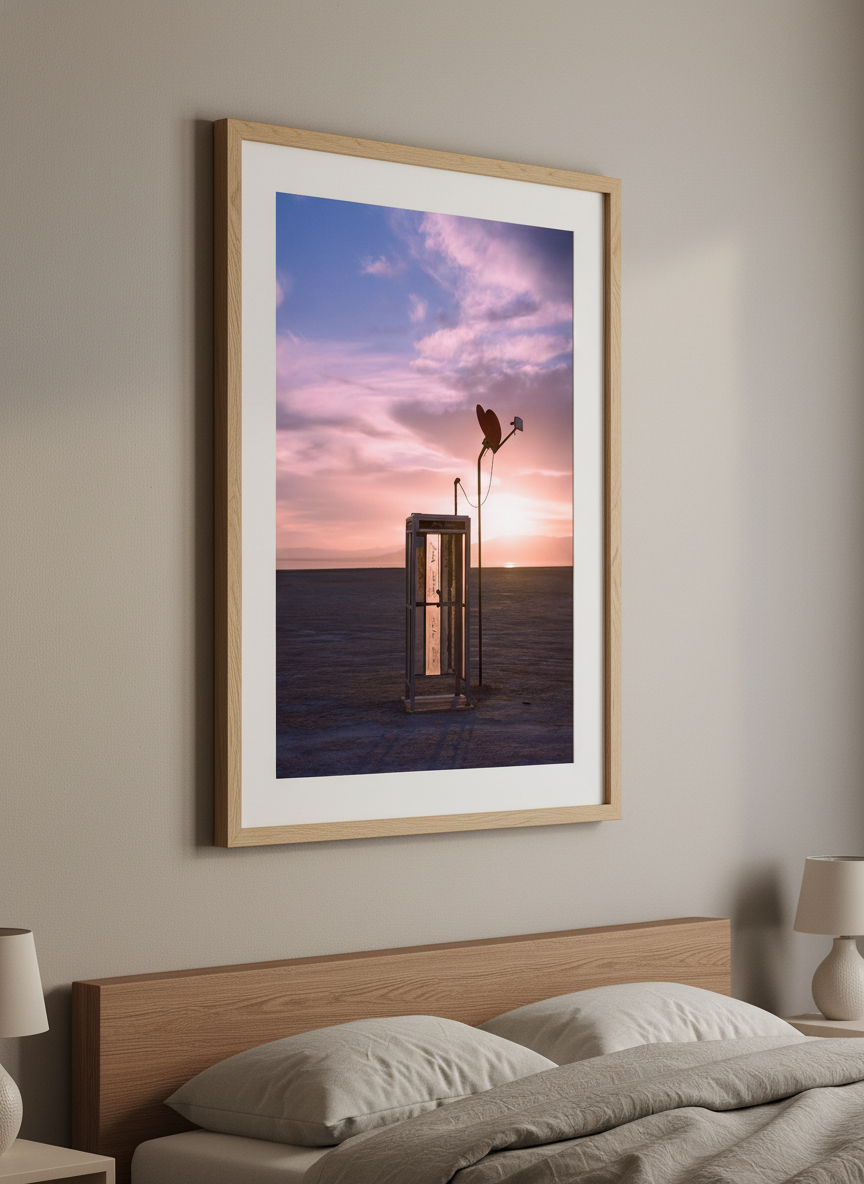 Minimalist artwork displayed in a calm, light-filled bedroom interior