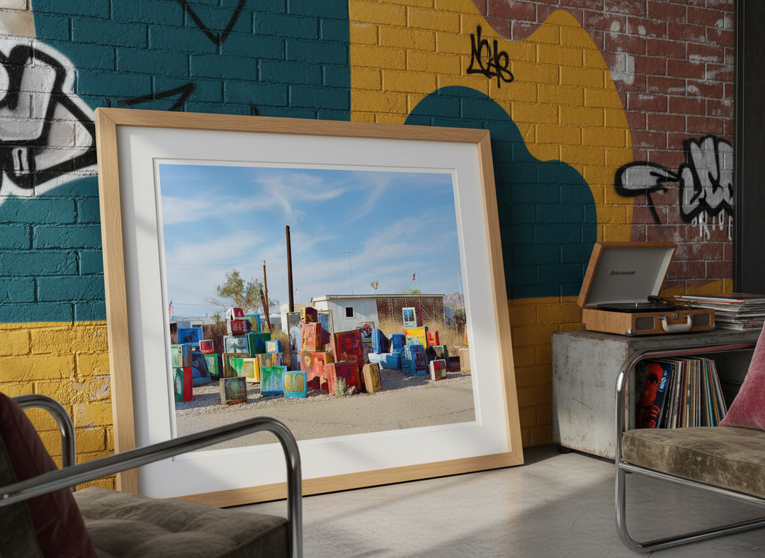 Bold wall art styled in a colourful, eclectic modern home