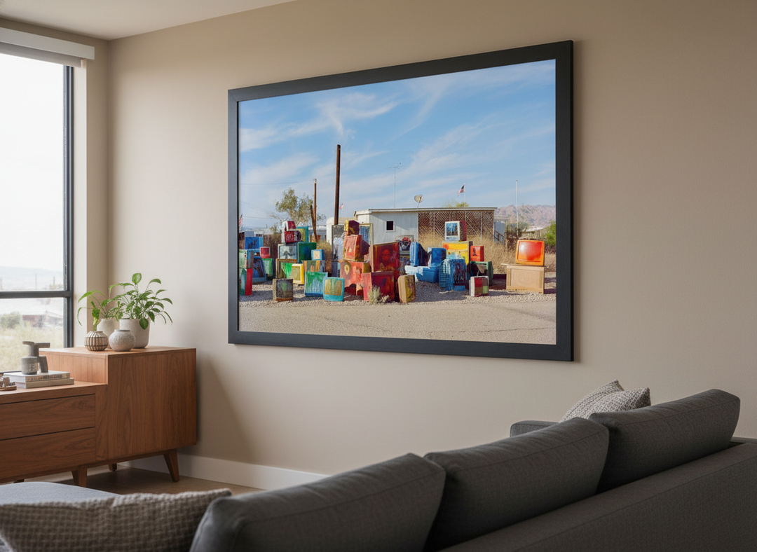 Modern wall art styled above a sofa in a neutral living room