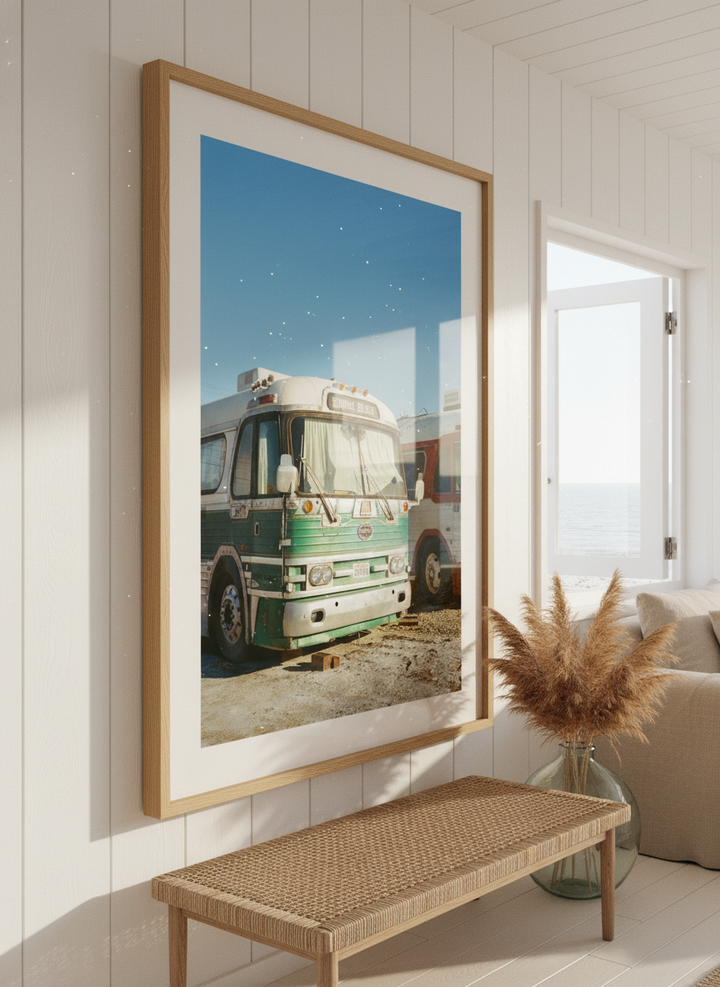 Neutral wall art displayed in a sunny coastal beach house