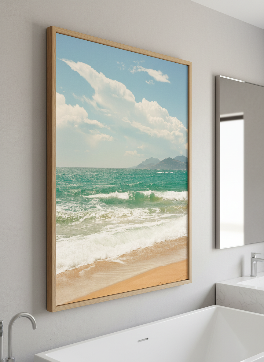 Modern print displayed in a clean minimalist bathroom setting