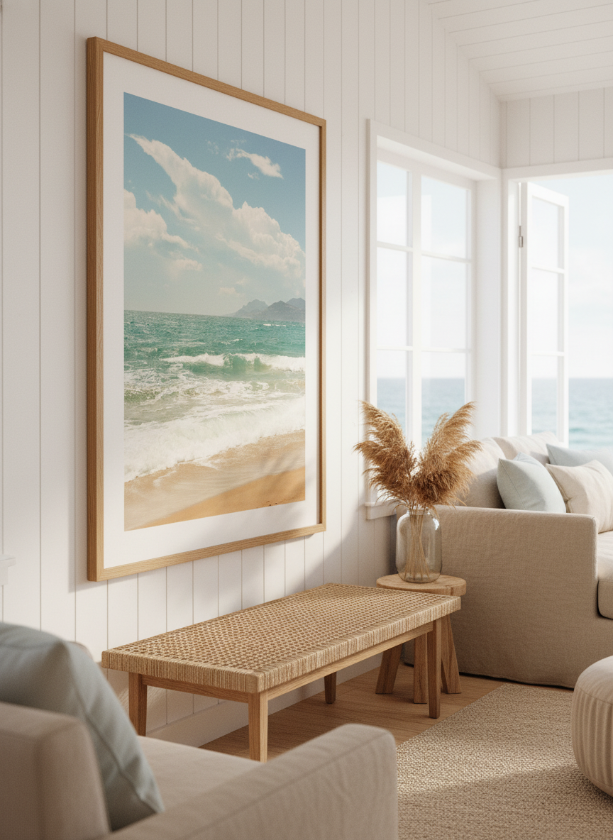 Neutral wall art displayed in a sunny coastal beach house