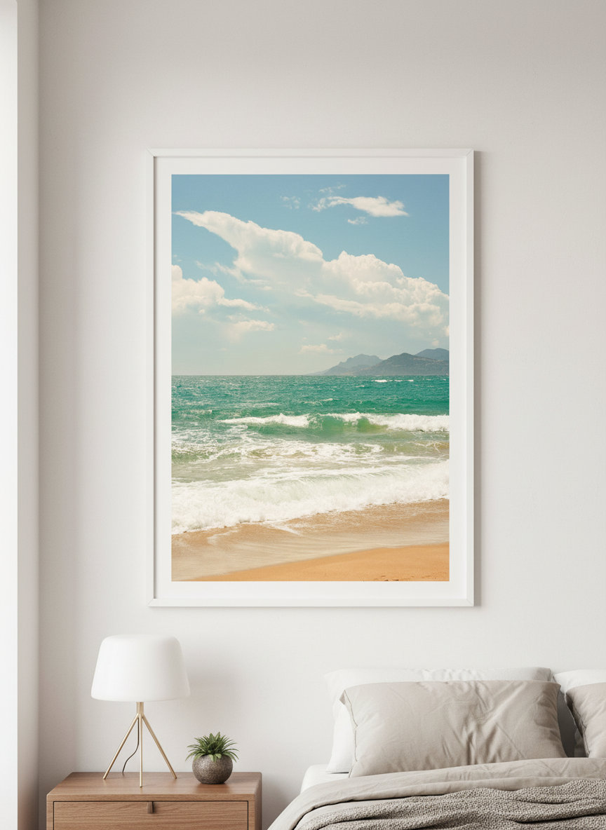 Minimalist artwork displayed in a calm, light-filled bedroom interior