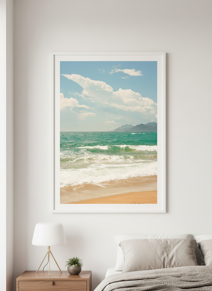 Minimalist artwork displayed in a calm, light-filled bedroom interior