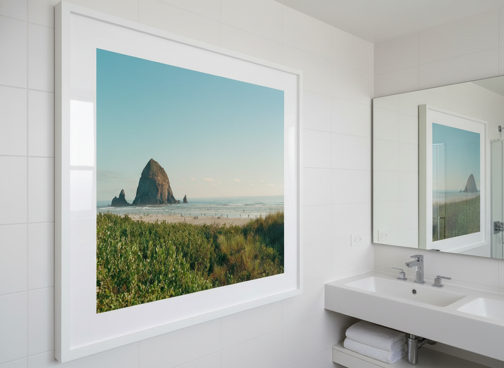 Modern print displayed in a clean minimalist bathroom setting