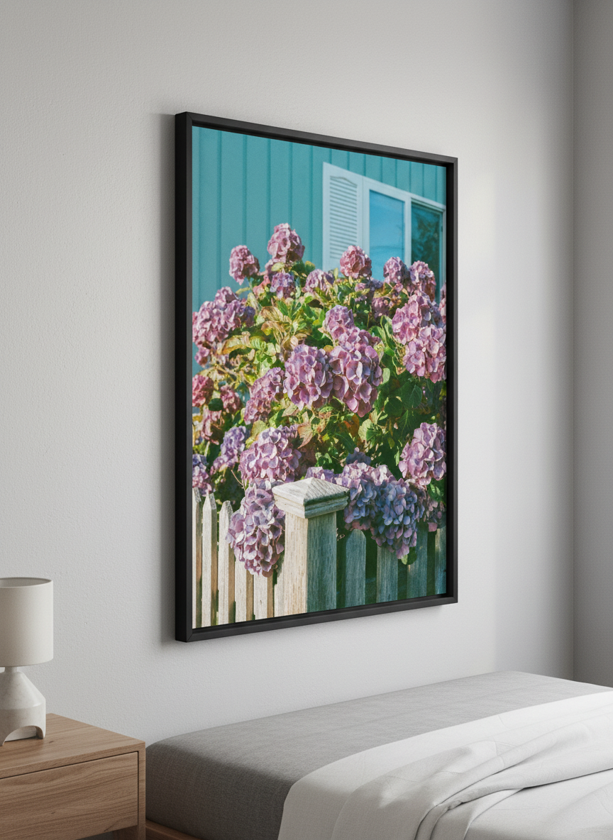 Minimalist artwork displayed in a calm, light-filled bedroom interior