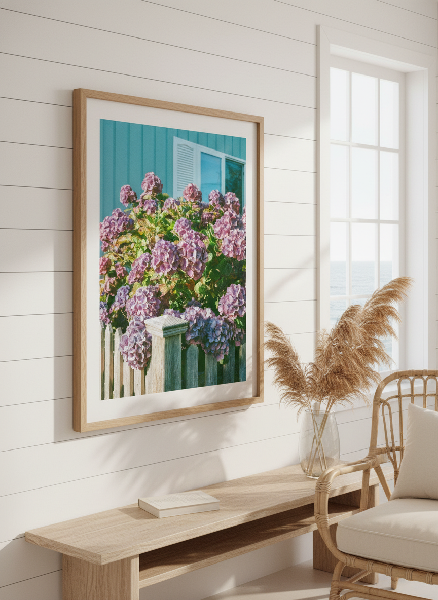 Neutral wall art displayed in a sunny coastal beach house