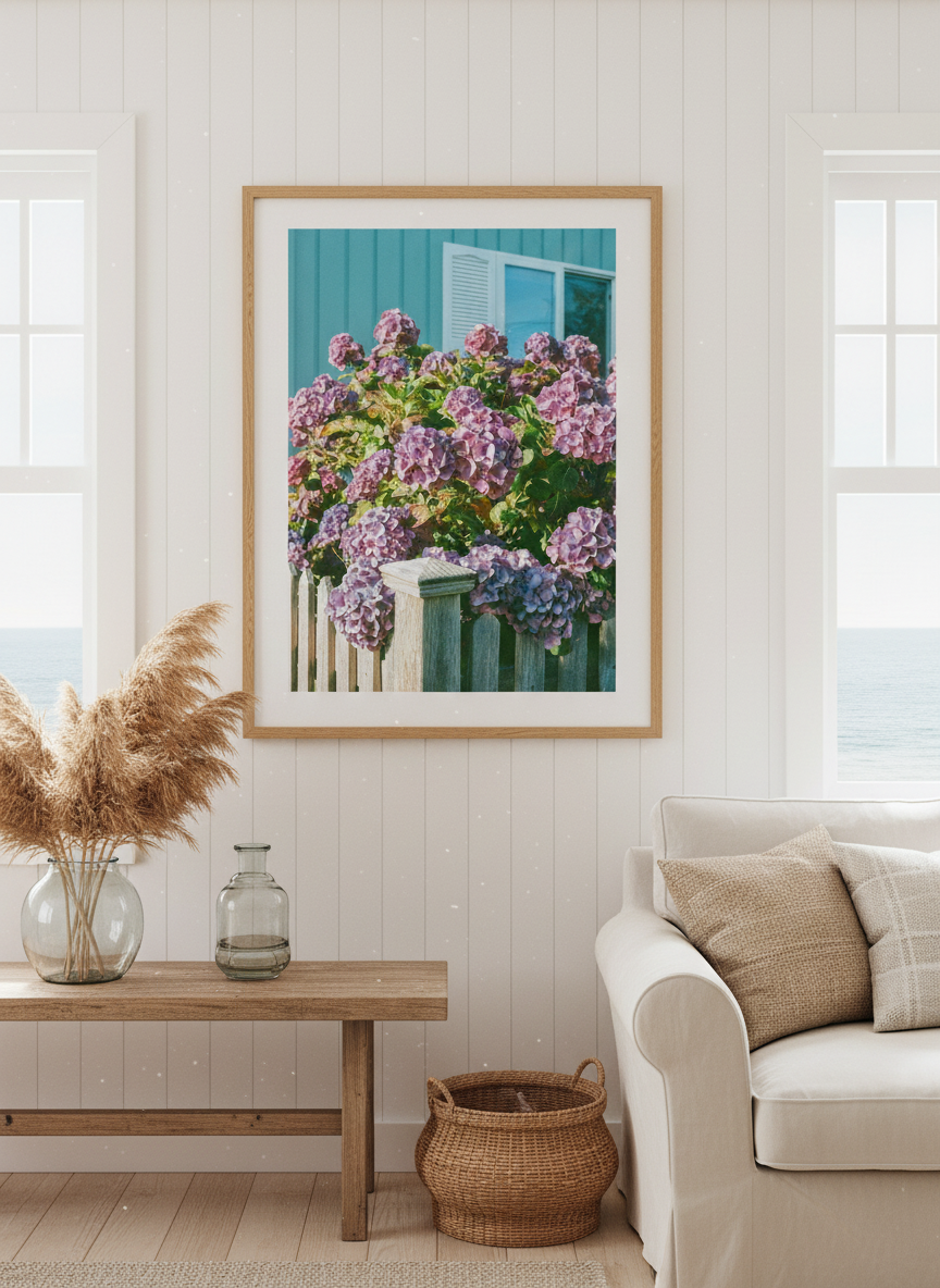 Neutral wall art displayed in a sunny coastal beach house