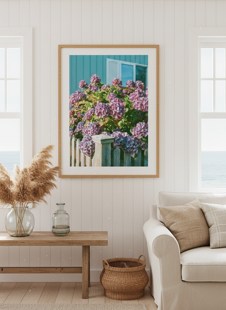 Neutral wall art displayed in a sunny coastal beach house