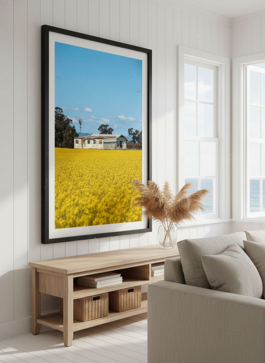 Neutral wall art displayed in a sunny coastal beach house