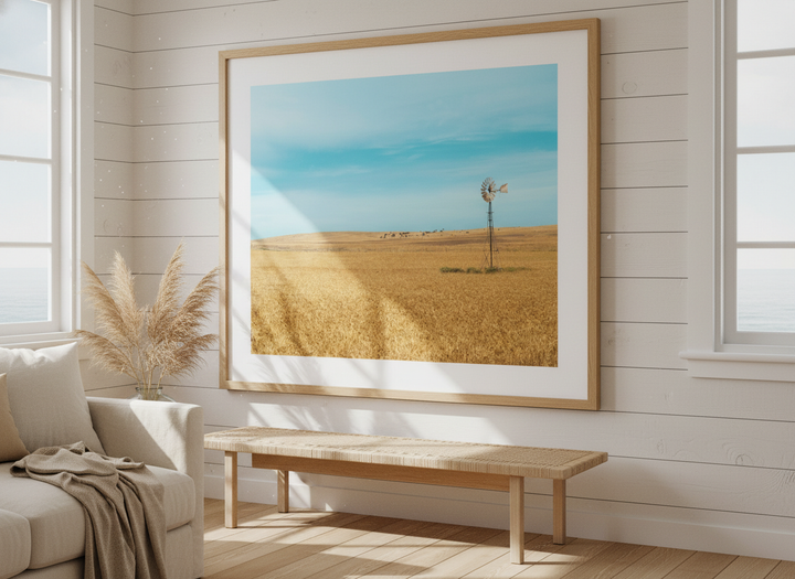 Neutral wall art displayed in a sunny coastal beach house