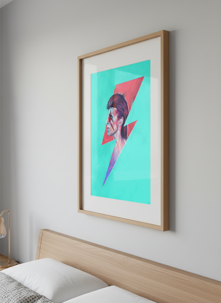 Minimalist artwork displayed in a calm, light-filled bedroom interior