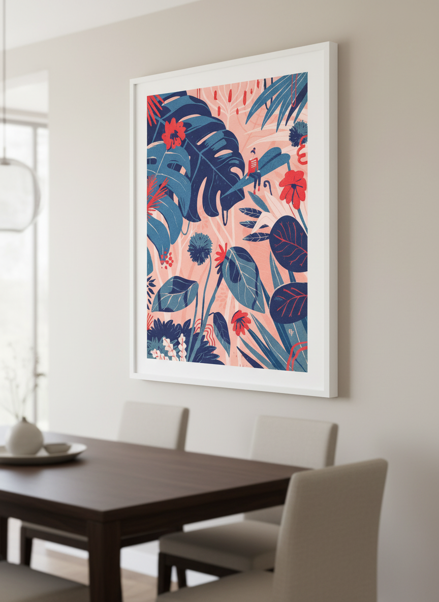 Wall art styled above a dining table in a contemporary home