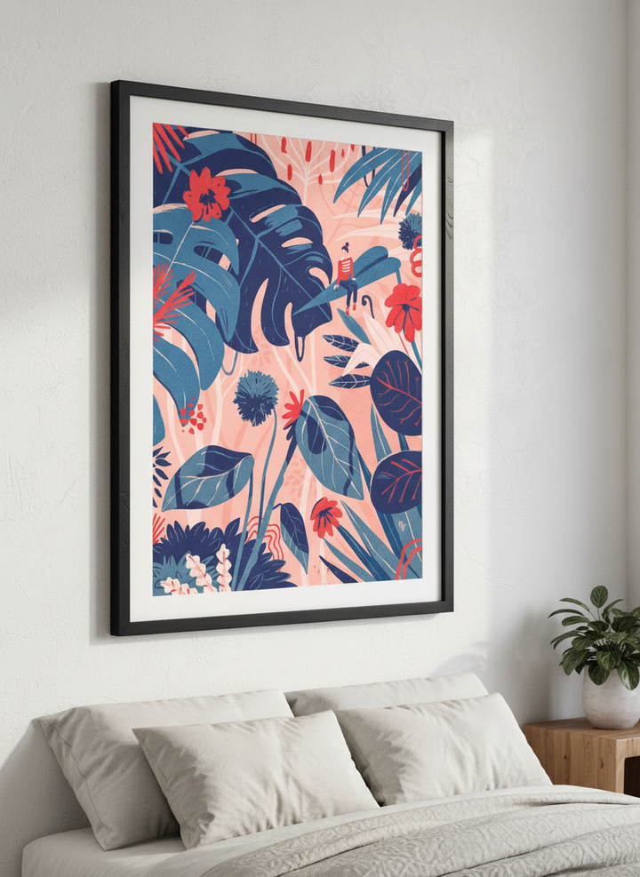 Minimalist artwork displayed in a calm, light-filled bedroom interior