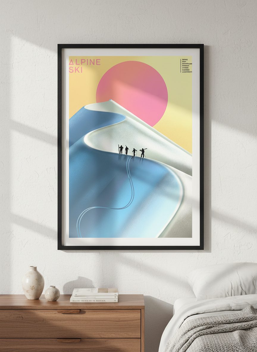 Minimalist artwork displayed in a calm, light-filled bedroom interior