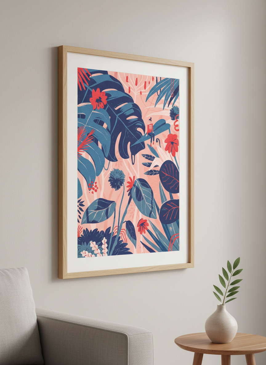 Modern wall art styled above a sofa in a neutral living room