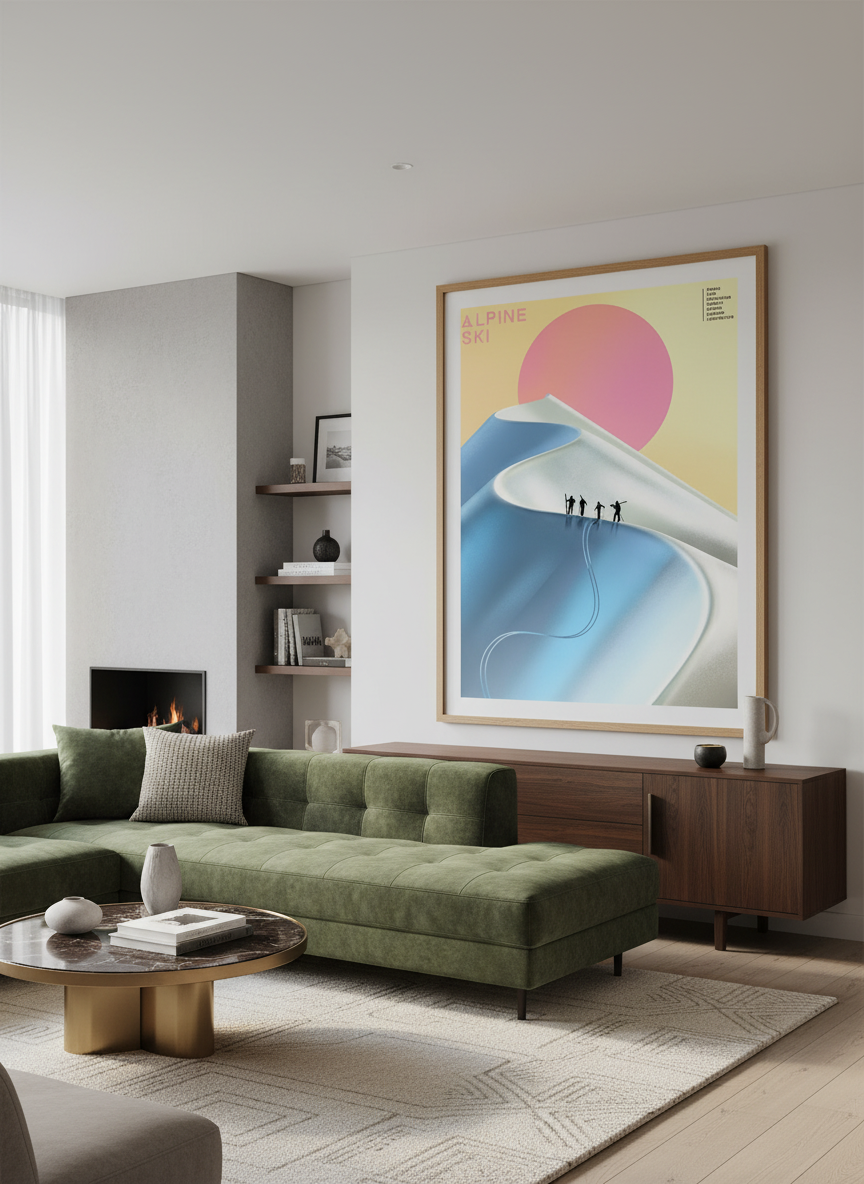 Monumental artwork centred on a feature wall in a luxe interior