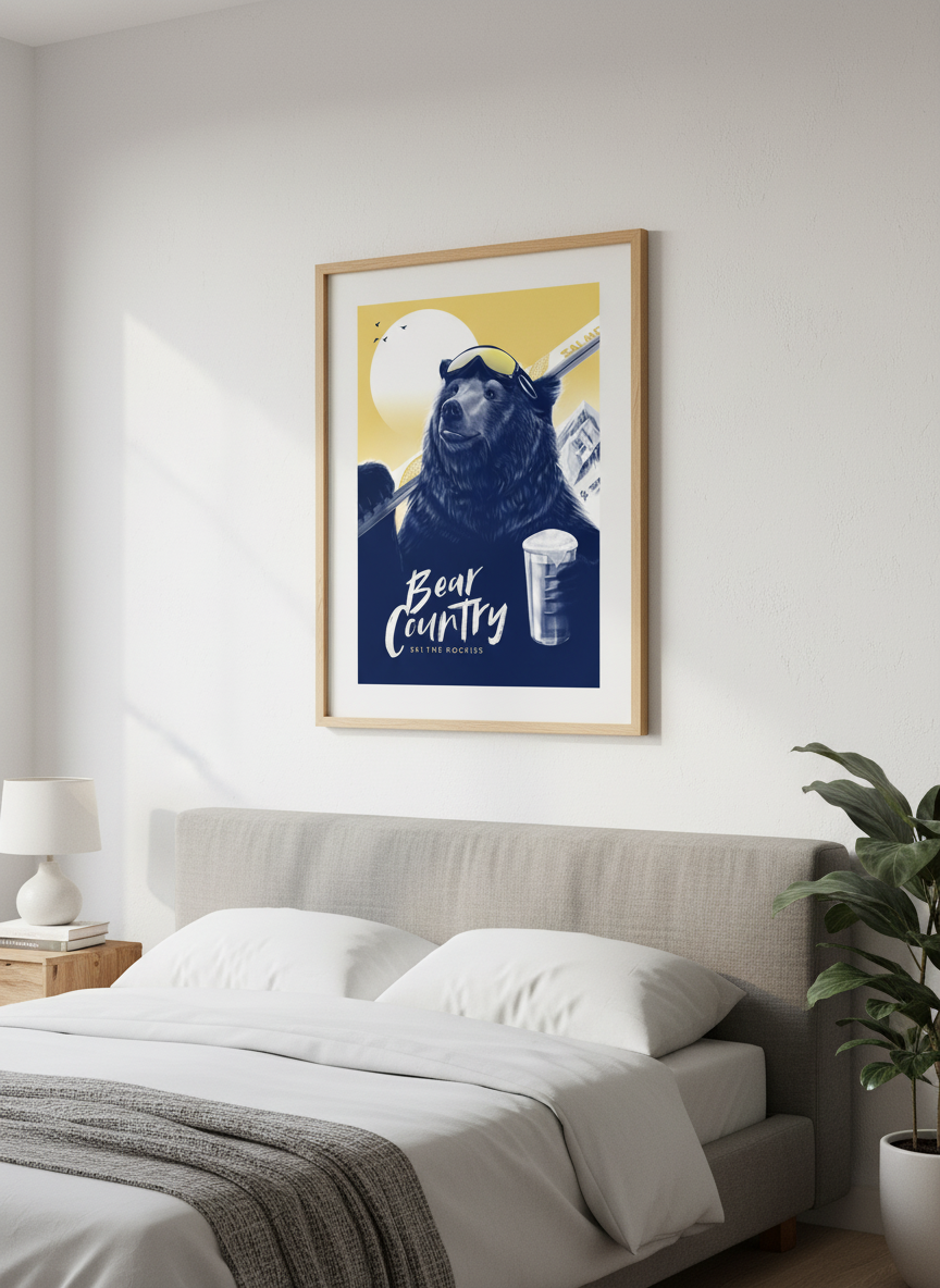 Minimalist artwork displayed in a calm, light-filled bedroom interior