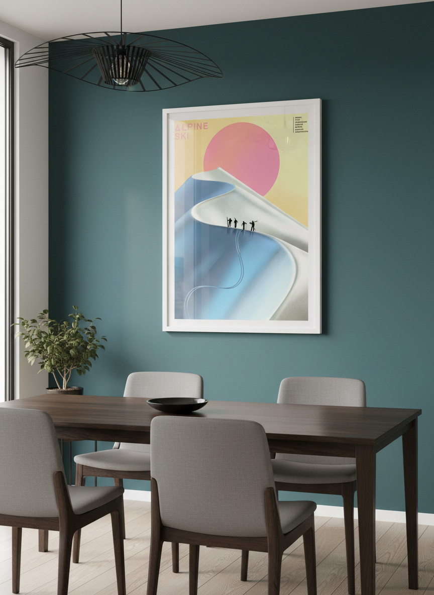 Wall art styled above a dining table in a contemporary home