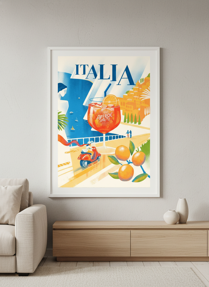 Modern wall art styled above a sofa in a neutral living room