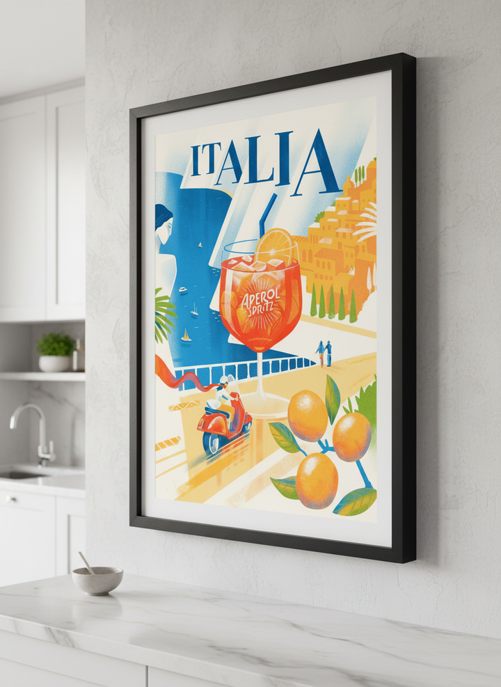 Artwork styled on the wall of a bright modern kitchen