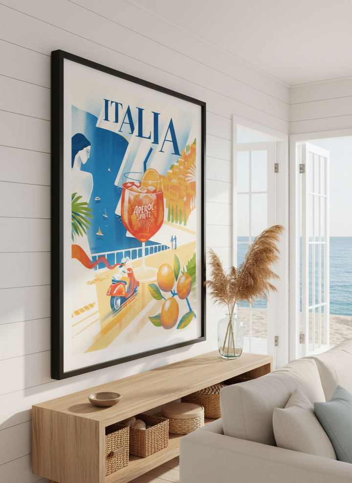 Neutral wall art displayed in a sunny coastal beach house