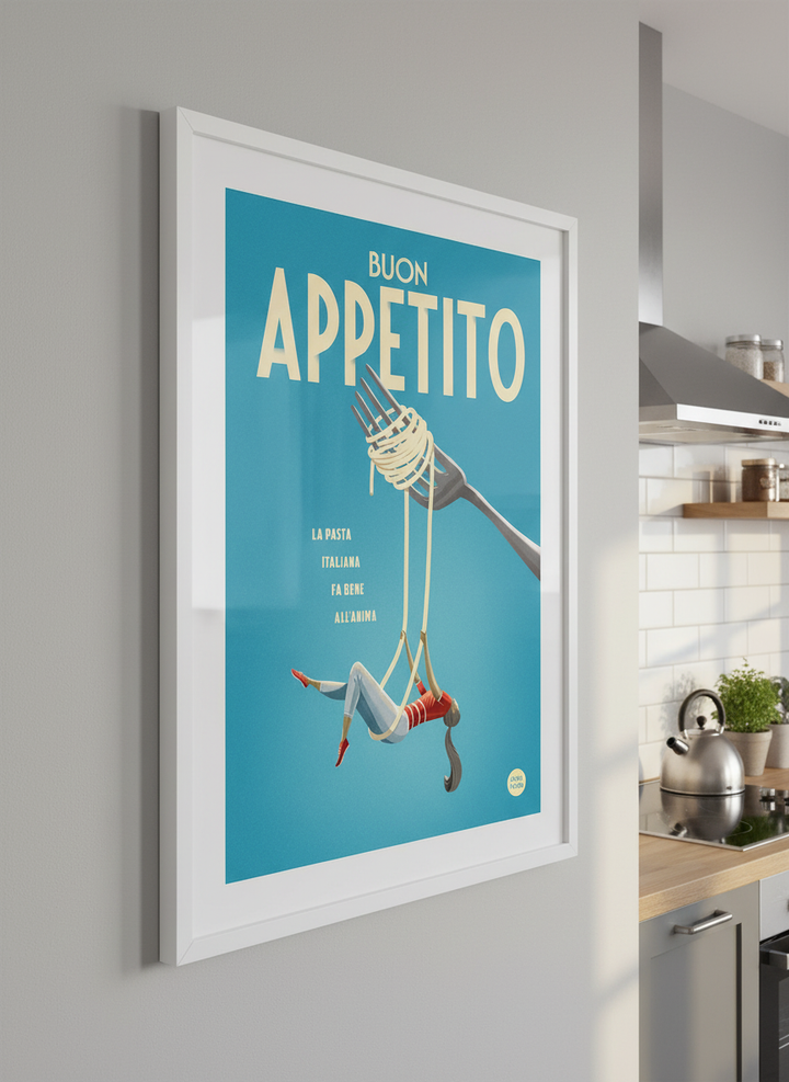 Artwork styled on the wall of a bright modern kitchen